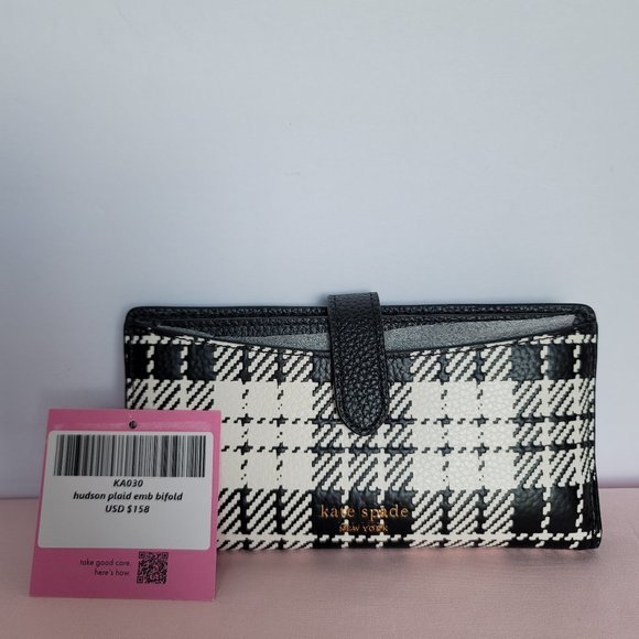 KATE SPADE Hudson Posh Plaid Embossed Pebbled Leather Bifold Wallet-Black MultI⭐ - Picture 16 of 16